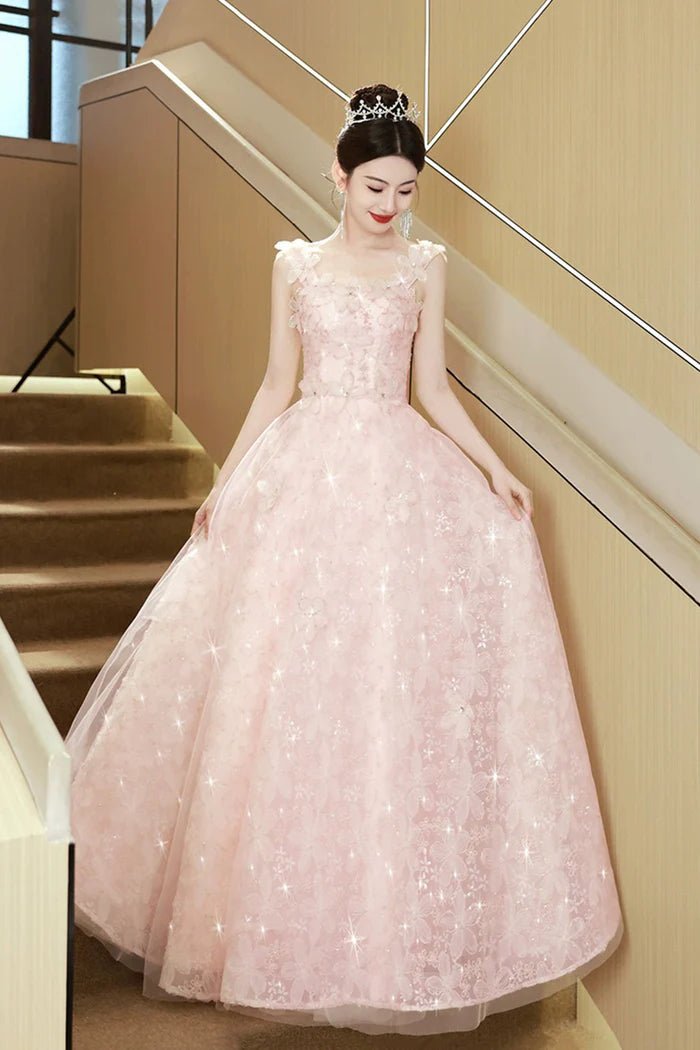 Pink Flowers Tulle Long Prom Dress, Pink A-line Evening Party Dress